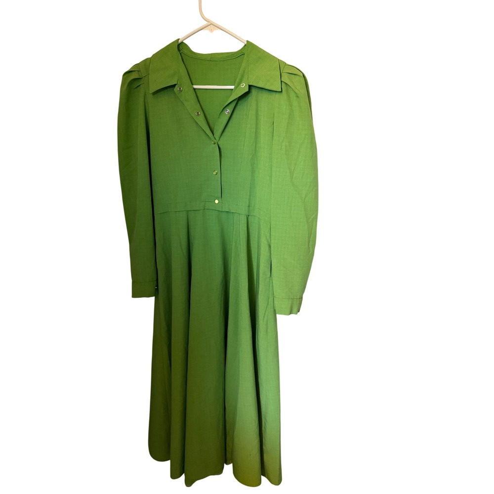 Vintage Green Long Sleeve Midi Dress Puff Shoulder Pleated Collared Retro 17 PTP